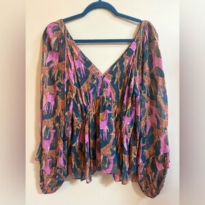 Farm Rio Anthropologie Jirafas Giraffe Boho Flowy Long Sleeve Blouse Shirt Top